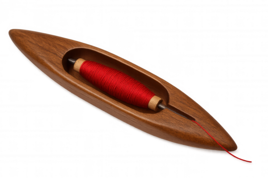 Wooden weaving shuttle holding red thread, isolated on transparent background, ready for textile creation