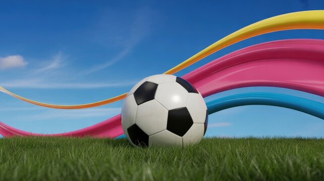 Soccer ball on green grass with colorful ribbons against blue sky 2025 2026 football world cup image poster banner label social media post 1