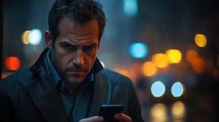 Businessman Checking Phone on Night Street, Conveying Work Stress, Urban Workplace & Emotional Expression Scenarios