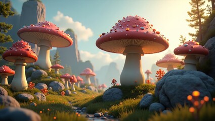 Vibrant magical river landscape with giant spotted mushrooms and flowers