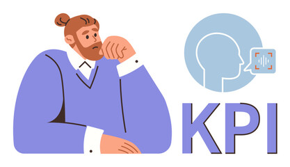 Thoughtful individual in casual attire considers performance metrics. KPI text, head profile, and communication graphic represent strategy, data analytics, decision-making, and goal setting. Ideal