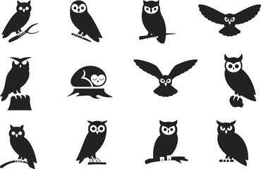 Black owl silhouette vector set, flying owl icon collection, perched owl graphic design, cartoon owl illustrations, minimal owl artwork, bird of prey symbols