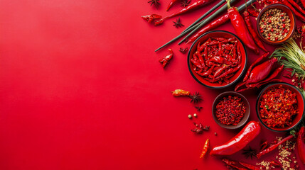 Vibrant red background showcasing array of fiery chili peppers, dried spices, and aromatic ingredients, symbolizing Asian culinary heat and bold flavors
