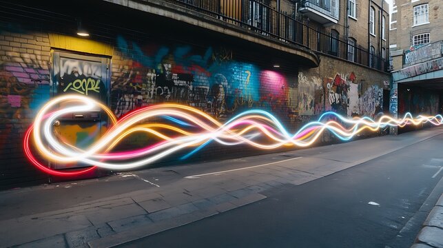 Colorful light trails tracing a rhythmic pattern along a graffiti-covered alley.