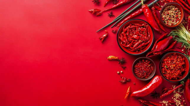 Vibrant red background showcasing array of fiery chili peppers, dried spices, and aromatic ingredients, symbolizing Asian culinary heat and bold flavors