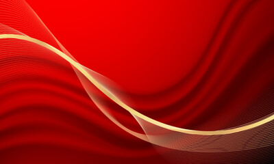 Abstract grey wave gold ribbon curve on red luxury background vector