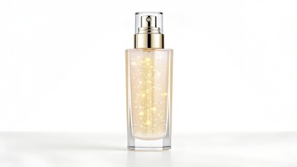 Luxury perfume bottle with sparkling golden liquid, elegance and beauty concept
