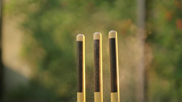Close up of cricket red ball flying off into air smashing stumps at high speed at ground	