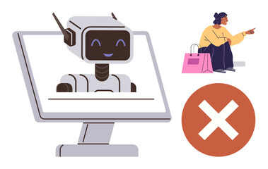 AI robot smiling on monitor, woman with shopping bags pointing away, crossed circle. Ideal for technology, AI, customer service, e-commerce, online support, distraction human decisions simple flat