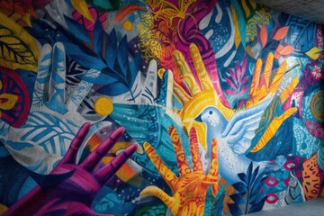 Abstract colorful mural of ASEAN unity on wall of rebuilt building, no text, peace theme with hands and dove shapes.
