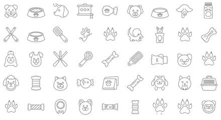 Collection of outline dog icons, including food bowls, bones, and grooming tools