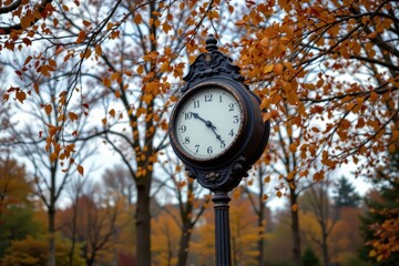 Vintage Clock Surrounded by Colorful Falling Leaves in Autumn Park