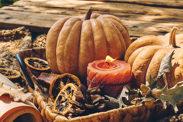 Cozy warm autumn composition with burning candle and pumpkins on knitted woolen plaid. Autumn home decor. Fall mood. Thanksgiving. Halloween.