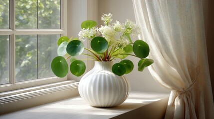Elegant White Vase with Fresh Green Leaves and Flowers in a Bright Sunlit Room by a Window