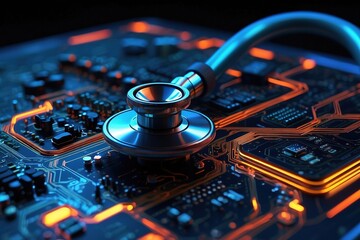 Obraz premium Stethoscope resting on a complex computer circuit board with glowing orange pathways