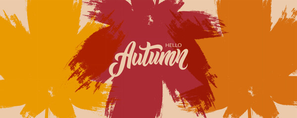 Hello Autumn. Brush stroke autumn leaves with hand lettering for Fall season creative graphic design. Vector illustration.