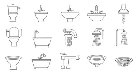 Collection of minimalist bathroom fixture icons depicting common sanitary ware equipment