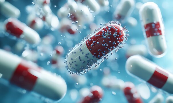Red and white capsules drift in a blue backdrop, surrounded by microscopic bacteria. This depiction highlights the intersection of pharmaceuticals and health challenges