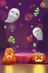 A playful 3D Halloween banner featuring cute flying ghosts, glowing pumpkins with expressive faces, and green confetti on a festive purple background. Perfect for party promotions and spooky designs.