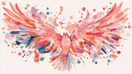 Dynamic Watercolor Artwork Featuring Graceful Dove with Outstretched Wings, Surrounded by Kaleidoscope of Vibrant Pink, Orange, Blue, and Purple Splatters on Light Background