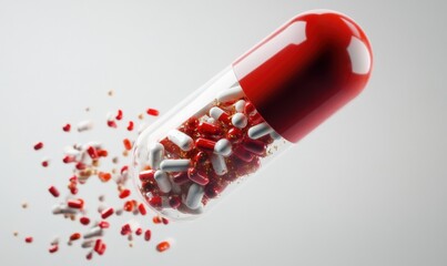 A large red and white capsule is shown in mid-air, releasing a colorful assortment of smaller pills and capsules onto a light surface below. The scene highlights the diversity of medications