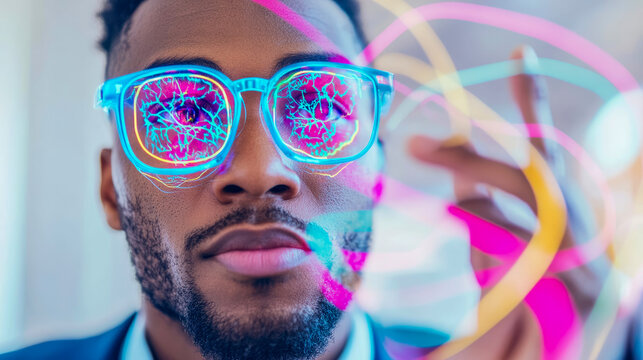 Close-up of man wearing futuristic blue glasses with glowing digital patterns on lenses, surrounded by vibrant neon light trails, symbolizing augmented reality and innovative vision