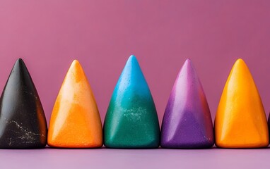 Arrangement of pyramidal shapes in black, orange, green, purple and yellow against pink background creating minimalist composition