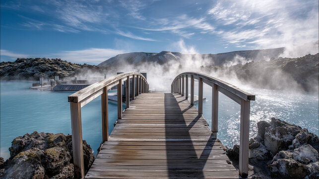 A scenic wooden footbridge crossing a beautiful, steaming blue geothermal hot spring in Iceland, with mountains and a clear sky, a serene and popular travel destination - Powered by Adobe