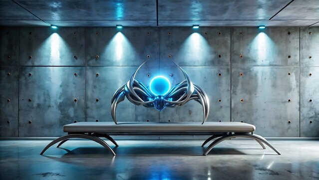 A futuristic alien robot creature on display in a concrete room