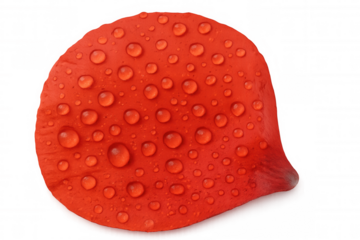 Close-up of a vibrant red rose petal covered in glistening water droplets, isolated on a transparent background