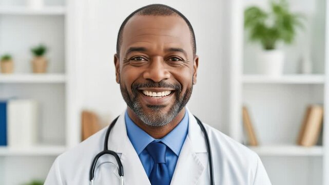 A smiling african american doctor wearing a stethoscope and lab coat stands in a bright office with bookshelves in the background