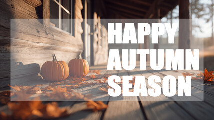 Rustic autumn greeting card featuring pumpkins and fallen leaves on a wooden porch, with warm sunlight creating a cozy seasonal atmosphere. Perfect for fall and Thanksgiving celebrations.