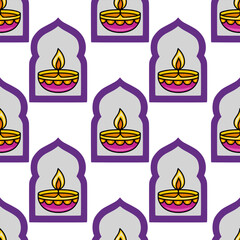 Seamless vector pattern featuring stylized Diwali oil lamps nestled within elegant arched frames, a vibrant design in purple, gold, and pink, ideal for festive celebrations and textile prints.