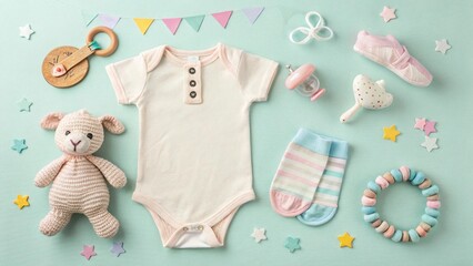 Flat Lay of Infant Essentials &ndash; Pastel Baby Products for Nursery or Gift Registry Concept
