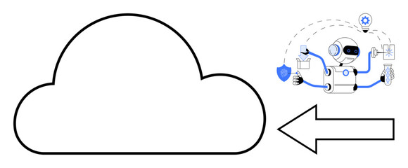 Large cloud icon beside AI robot managing files, data encryption, and analytics. Ideal for artificial intelligence, data security, cloud computing, automation, innovation, technology simple flat