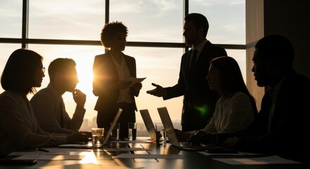 Silhouetted business professionals gather around a conference table during a sunrise meeting discussing strategy