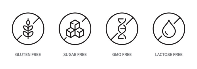 Allergen free icon set. Gluten free, sugar free, gmo free, lactose free symbol. Allergen food and products sign. Vector illustration. Editable stroke. Flat design. Isolated on a white background.