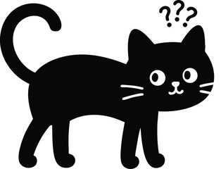 Fototapeta premium Cute black cartoon cat vector with question marks above its head, conveying confusion or curiosity. Simple, isolated illustration.