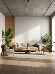 Cinematic Biophilic Living Room with Dramatic Lighting, Sculptural Plants, and Minimalist Concrete Interior

