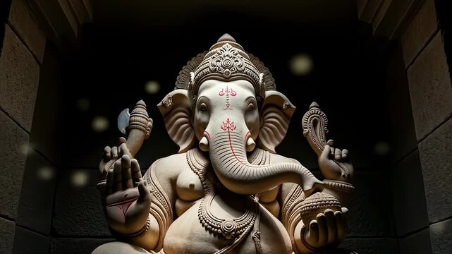 A captivating stone sculpture of lord ganesha, the hindu deity of wisdom and prosperity, radiating a sense of divine presence and auspiciousness in a temple setting