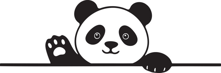Cute panda bear peeking over a line, waving paw. Adorable black and white vector illustration for design projects, kids' themes, and animal lovers. © fara