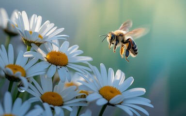 Obraz premium Bee flying near white daisies insect wings