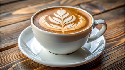 Fototapeta premium A delicious latte with intricate foam art in a white cup on a saucer