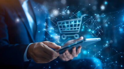 Businessman using tablet for online shopping, digital cart icon, e commerce technology, futuristic, glowing blue network