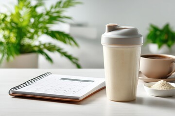 Fresh Protein Shake with Notebook and Coffee on a Bright Table