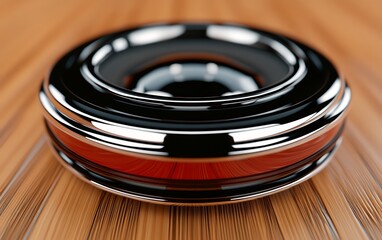 A shiny black and chrome round speaker placed on a wooden surface, combining elegance with modern technology