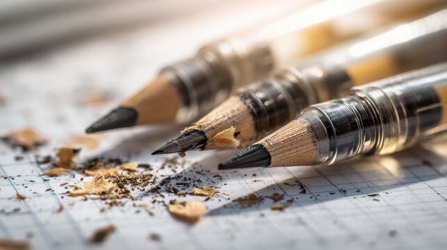 Sharp pencils on graph paper with shavings in close-up