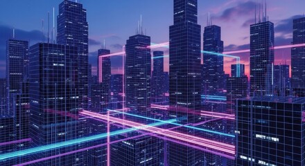 Futuristic City Skyline with Neon Lights and High-rise Buildings at Sunset