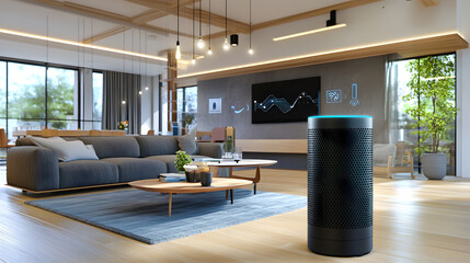 Smart home technology voice assistant modern living room wireless device digital interface comfortable connected innovation