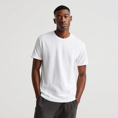 Obraz premium Confident young african american man wearing a blank white t-shirt, standing with hands in pockets against a white background